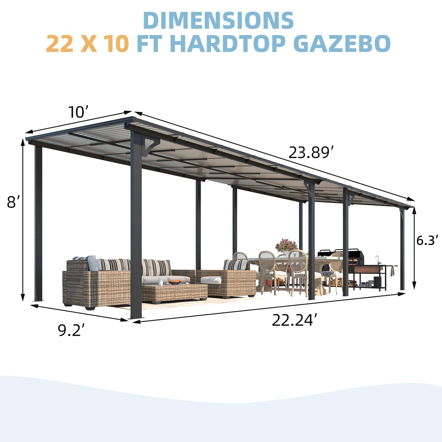 AECOJOY 22' x 10' Gazebo for Patio, Large Wall-Mounted Hard Top Lean-to Gazebo Pergola with Roof 10' x 22' on Clearance, Heavy Duty Patio Awnings for Decks, Backyard