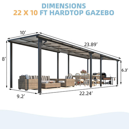 AECOJOY 22' x 10' Gazebo for Patio, Large Wall-Mounted Hard Top Lean-to Gazebo Pergola with Roof 10' x 22' on Clearance, Heavy Duty Patio Awnings for Decks, Backyard