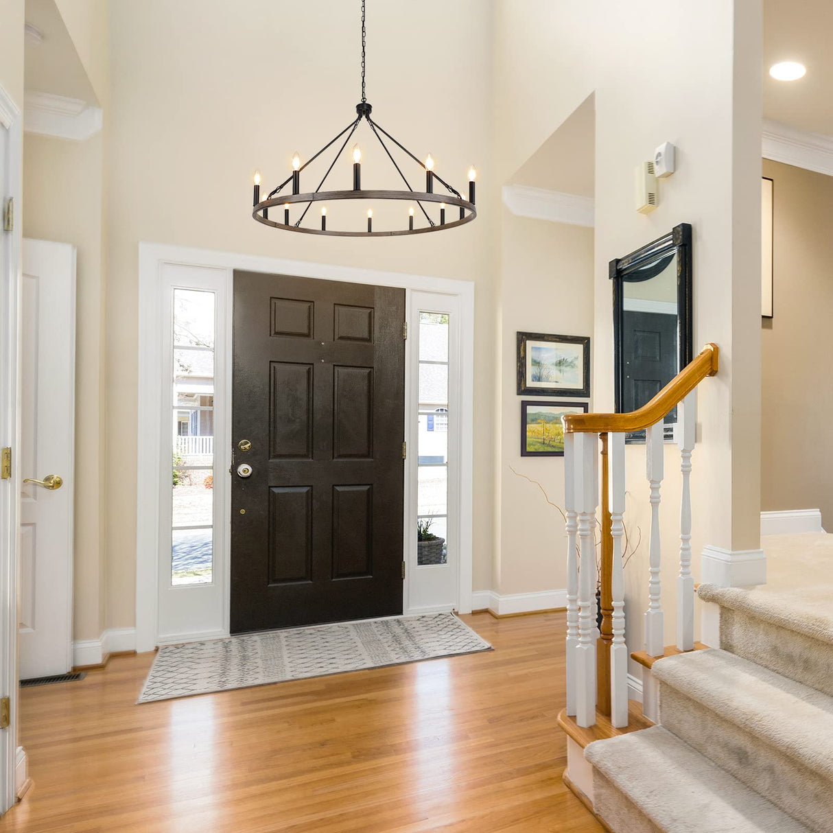 WBinDX 12-Light Wagon Wheel Chandelier Farmhouse Faux Wood Metal Black Chandelier, 38.2 Inch Large Rustic Candle Round Chandeliers for Dining Room Living Room Entryway Foyer Lighting WBinDX