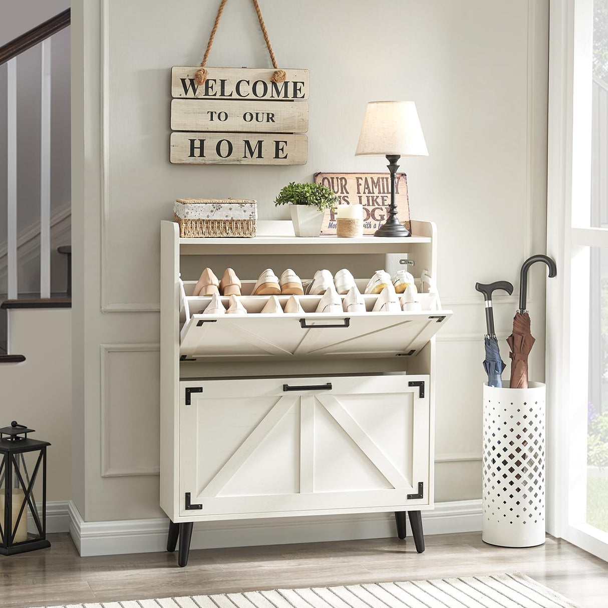 Barnyatoh Shoe Storage Cabinet with 2 Flip Drawers, Farmhouse Hidden Shoe Organizer, Narrow Slim Shoe Rack Cabinet for Entryway Hallway,Antique White Barnyatoh