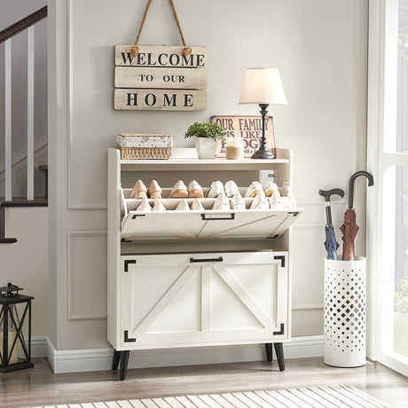 Barnyatoh Shoe Storage Cabinet with 2 Flip Drawers, Farmhouse Hidden Shoe Organizer, Narrow Slim Shoe Rack Cabinet for Entryway Hallway,Antique White Barnyatoh