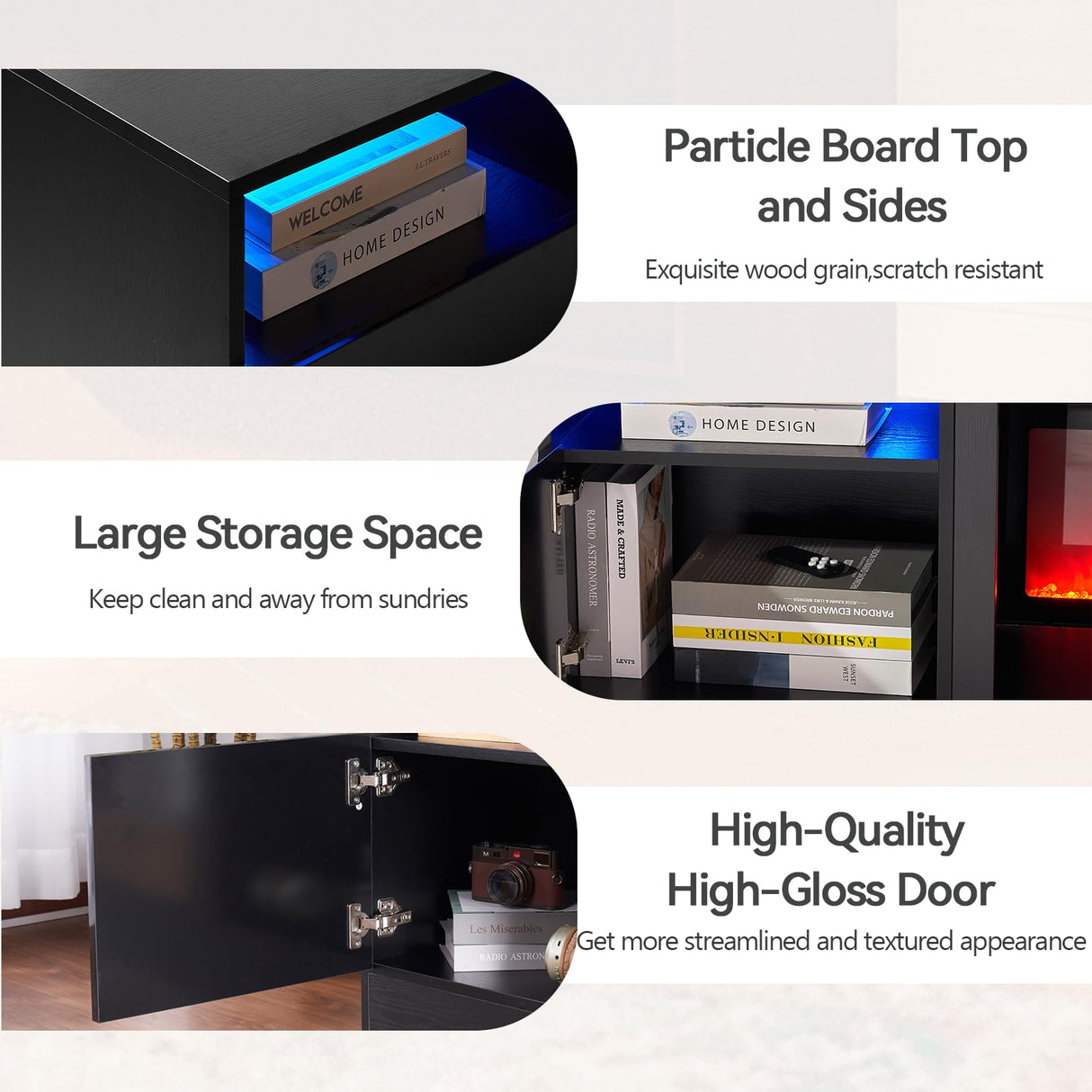 oneinmil Fireplace TV Stand with 36" Electric Fireplace, LED Light Entertainment Center, Modern Wood Texture Entertainment Stand with Highlight Storage Cabinet for TVs Up to 80", 70 inches, Black oneinmil