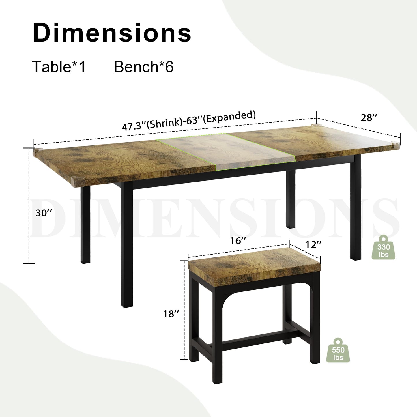 Feonase 7-Piece Dining Table Set with 6 Stools, 63" Large Extendable Kitchen Table Set for 4-8, Mid-Century Dining Room Table with Heavy-Duty Frame, Easy Assembly, Rustic Brown - WoodArtSupply