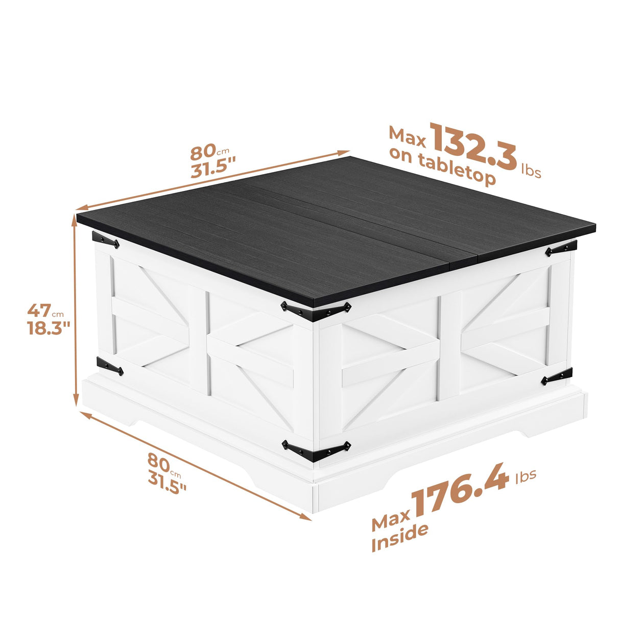 VVFLU Farmhouse Coffee Table with Storage, Square Center Table for Living Room, Rustic, Hinged Lift Top Soft Close, Wood, Large Hidden Storage, Modern, Metal Corner, White Black VVFLU