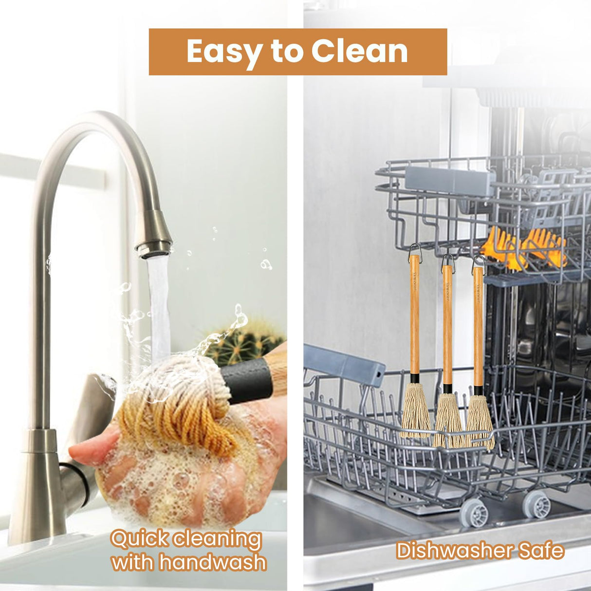 GEEKHOM Grill Basting Mop, Grilling Basting Mops Brushes with Long Wood Handle and Replacement Heads BBQ Sauce Brush for Barbecue Baking Smoking Roasting Steak Cooking, 18 inch GEEKHOM