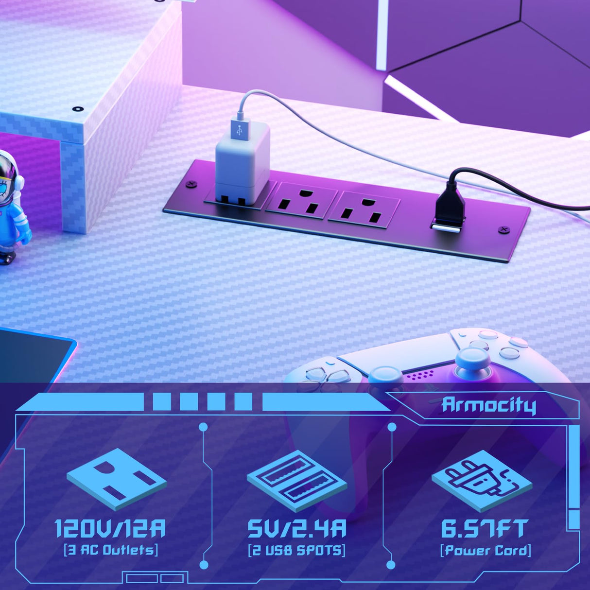 Gaming Computer Desk with Power Outlets, Gaming Desk with Hutch and LED Lights, Reversible PC Gaming Desk with Pegboard, Carbon Fiber White, 47" armocity