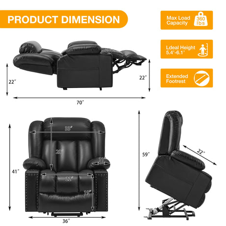 Cfvyne Triple Motor Large Power Lift Recliner Chair for Elderly with Heat and Massage, Lay Flat Lift Chairs for Seniors Infinite Position, Extended Footrest, USB&Type-C Ports, Cup Holder, Black Cfvyne