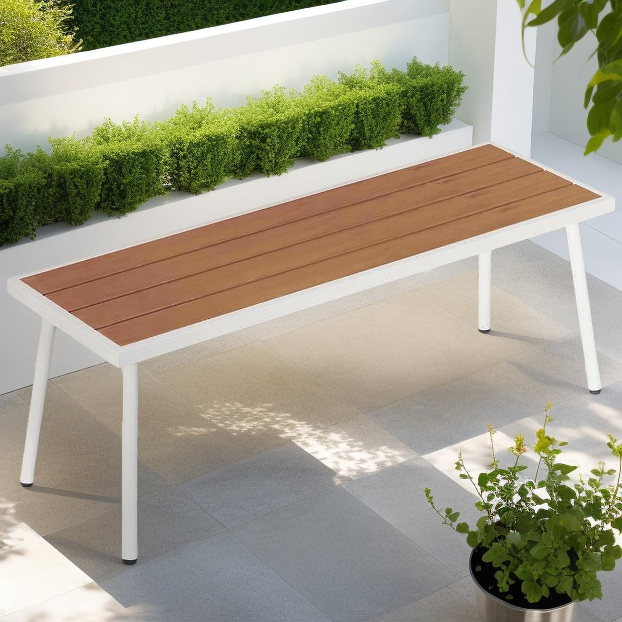 YITAHOME Outdoor Faux Wood Bench, Weatherproof Patio Bench with Slatted for 3, Backless Seat and Metal Frame, Outside Dining Bench for Garden, Porch, 47.2 x 15.7 x 17.7 Inch - Teak & White YITAHOME