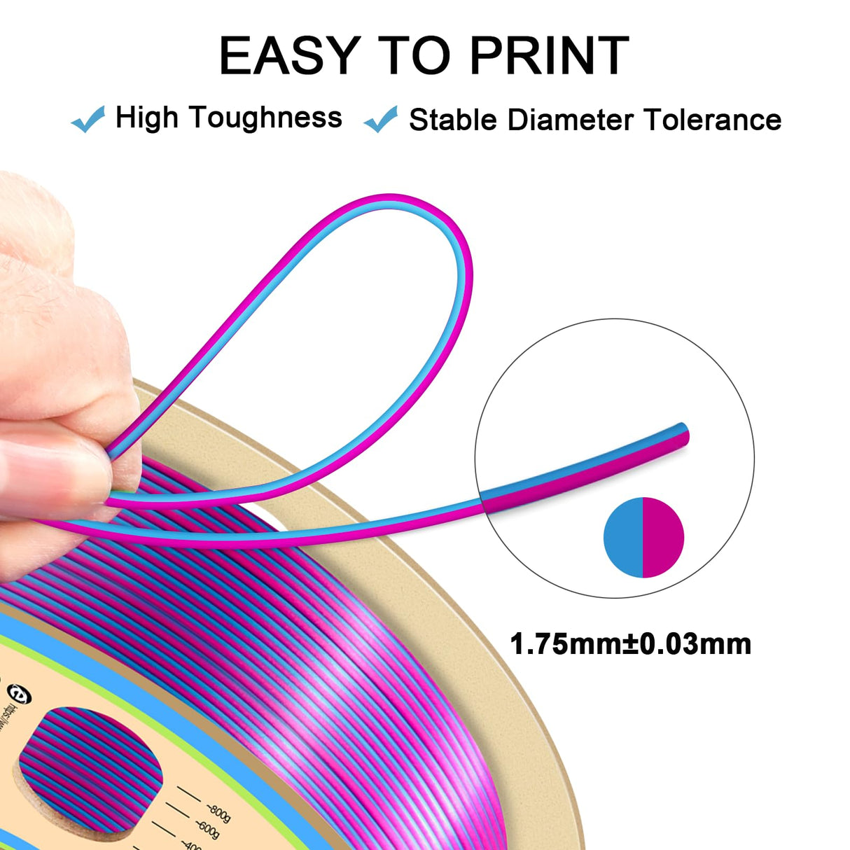 YOUSU Silk PLA Filament 1.75mm, 3D Printer Filament Dual Color Coextrusion Filament Silk Rose-Red Blue Color Change PLA, Compatible with Most of 3D Printer. Yousu