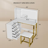 DWVO Vanity Desk with LED Lighted Mirror and 3 Lighting Modes, L-Shaped Corner Vanity Table, 48" Large Dressing Table with 5 Tempered Glass Drawers with Open Storage Shelves, White DWVO