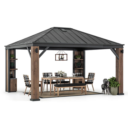 Sunjoy 12 x 14 ft. Hardtop Gazebo with Solar Powered, Cedar Wood Framed Steel Hardtop Gazebo with LED Lighting, Bluetooth Sound and Storage Racks by SummerCove - WoodArtSupply