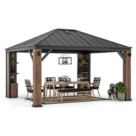 Sunjoy 12 x 14 ft. Hardtop Gazebo with Solar Powered, Cedar Wood Framed Steel Hardtop Gazebo with LED Lighting, Bluetooth Sound and Storage Racks by SummerCove SummerCove