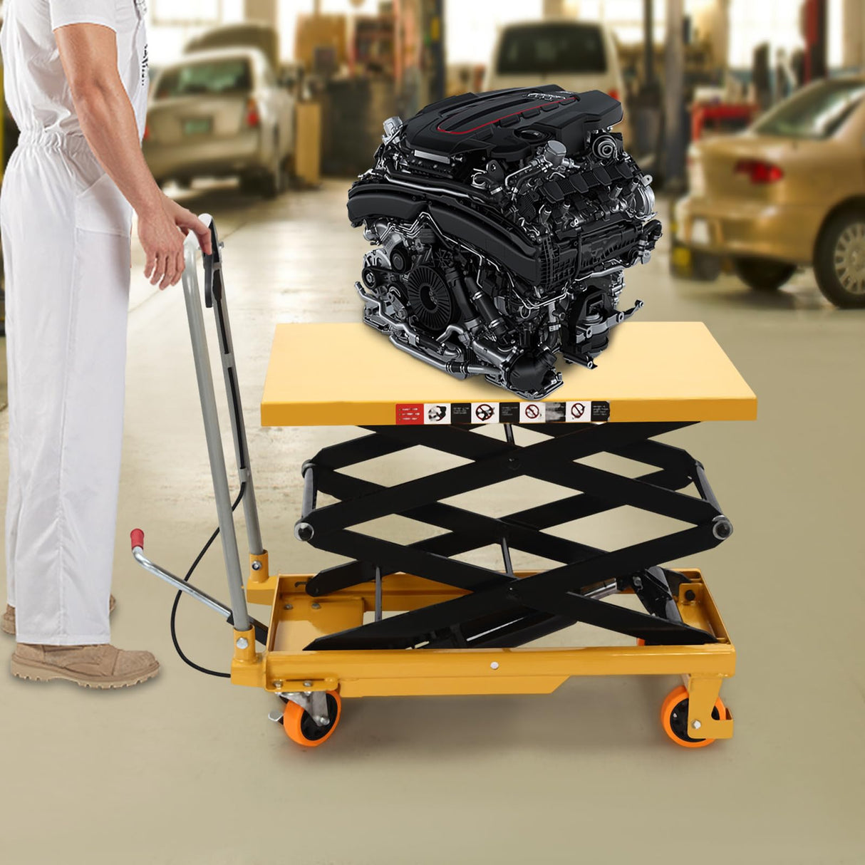 RustyVioum Hydraulic Lift Table 770lbs Capacity Double Scissor Lift Table with 4 Wheels Manual Hydraulic Table Cart Hydraulic Material Lift Pallet Truck for Factories, Warehouses Supermarkets RustyVioum