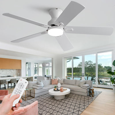 KENSID 48 Inch White Ceiling Fans with Lights and Remote,Low Profile Flush Mount Modern Ceiling Fan with Light, 5 Blades,Dimmable LED Light,6 Speed DC Motor,Indoor Outdoor Ceiling Fan for Bedroom