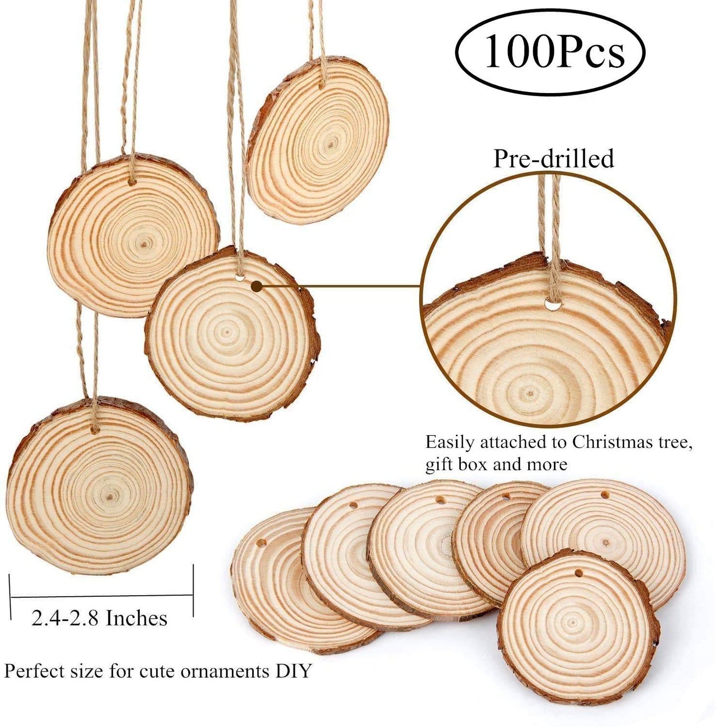 100 Pieces 2.4"-2.8" Natural Wooden Slices, Colovis Unfinished Wood Circles with Holes Tree Bark Round Log Discs DIY Crafts Hanging Ornaments (2.4"-2.8" 100Pcs, Natural)