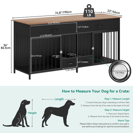 YITAHOME 74.8" Double Dog Crate Furniture with Dog Feeder, Heavy Duty Indoor Dog Kennel TV Stand with Drawers, Sturdy Dog Kennel with Divider for 2 Medium Large Dogs, Black YITAHOME