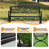 PayLessHere Black Outdoor Metal Loveseat Chairs Patio Garden Bench 50-inch Slatted Seat Armrests Floral Design Plastics Backres Perfect for Park, Yard, Porch, Lawn, Balcony, Backyard PayLessHere