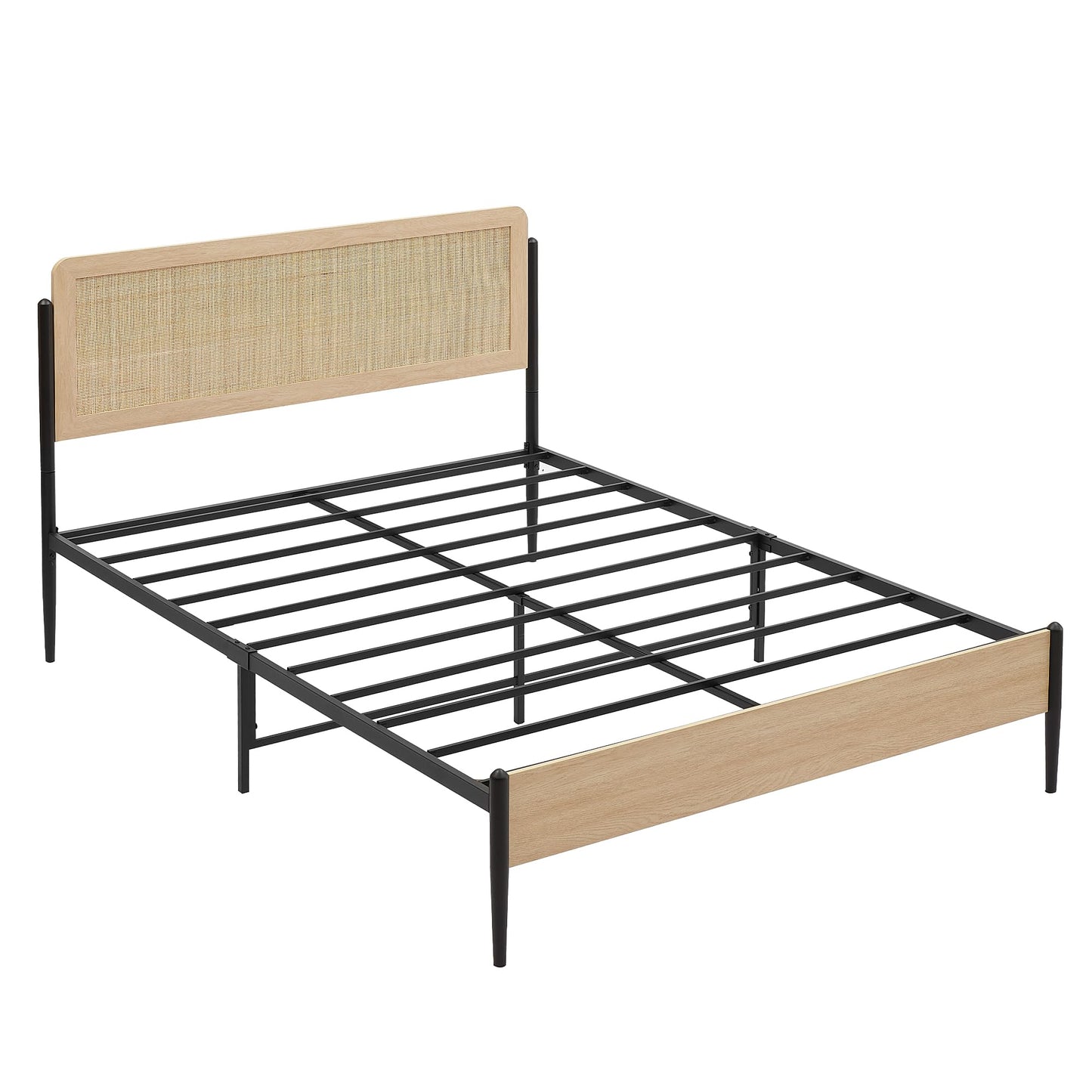 Bed Frame Full Size, Modern Platform Bed Frame with Rattan Headboard Metal Slat Support Bed Frame with Storage-Oak Full
