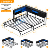 Homieasy Daybed with Pop Up Trundle, Corner Twin Bed Frame with Charging Station & LED, Reversible Twin Day Bed with Storage Bookcase Headboard for Bedroom, Living & Guest Room, Black Homieasy