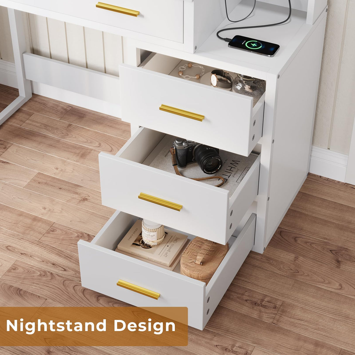 Tiptiper White Makeup Vanity with 10 Light Bulbs, Modern Vanity Desk with Mirror & 3 Lighting Modes, Vanity Table with 2 USB Ports and Outlets, Makeup Desk with Nightstand, Storage Shelves and Drawers Tiptiper