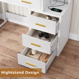 Tiptiper White Makeup Vanity with 10 Light Bulbs, Modern Vanity Desk with Mirror & 3 Lighting Modes, Vanity Table with 2 USB Ports and Outlets, Makeup Desk with Nightstand, Storage Shelves and Drawers Tiptiper