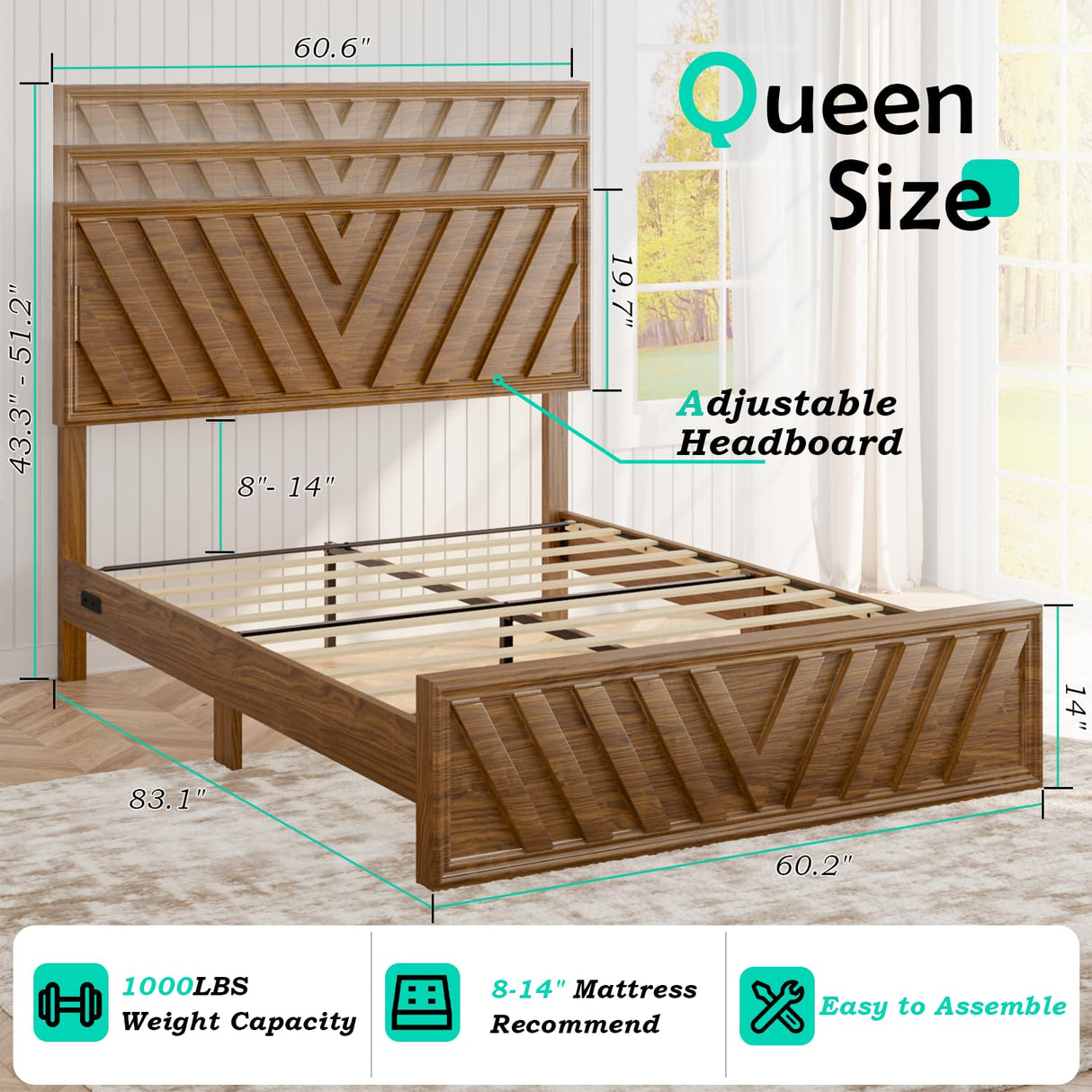 Incyneva Queen Bed with Adjustable Headboard, Farmhouse Platform Bed Wood with LED Light and Charging Station, Diagonal Line & Rustic Brown Incyneva