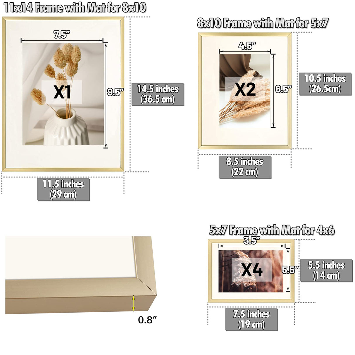 Golden State Art, 7 Pack, One 11x14, Two 8x10, and Four 5x7 Pictures. Aluminum Photos Frame for Wall or Tabletop Display (Gold) Golden State Art