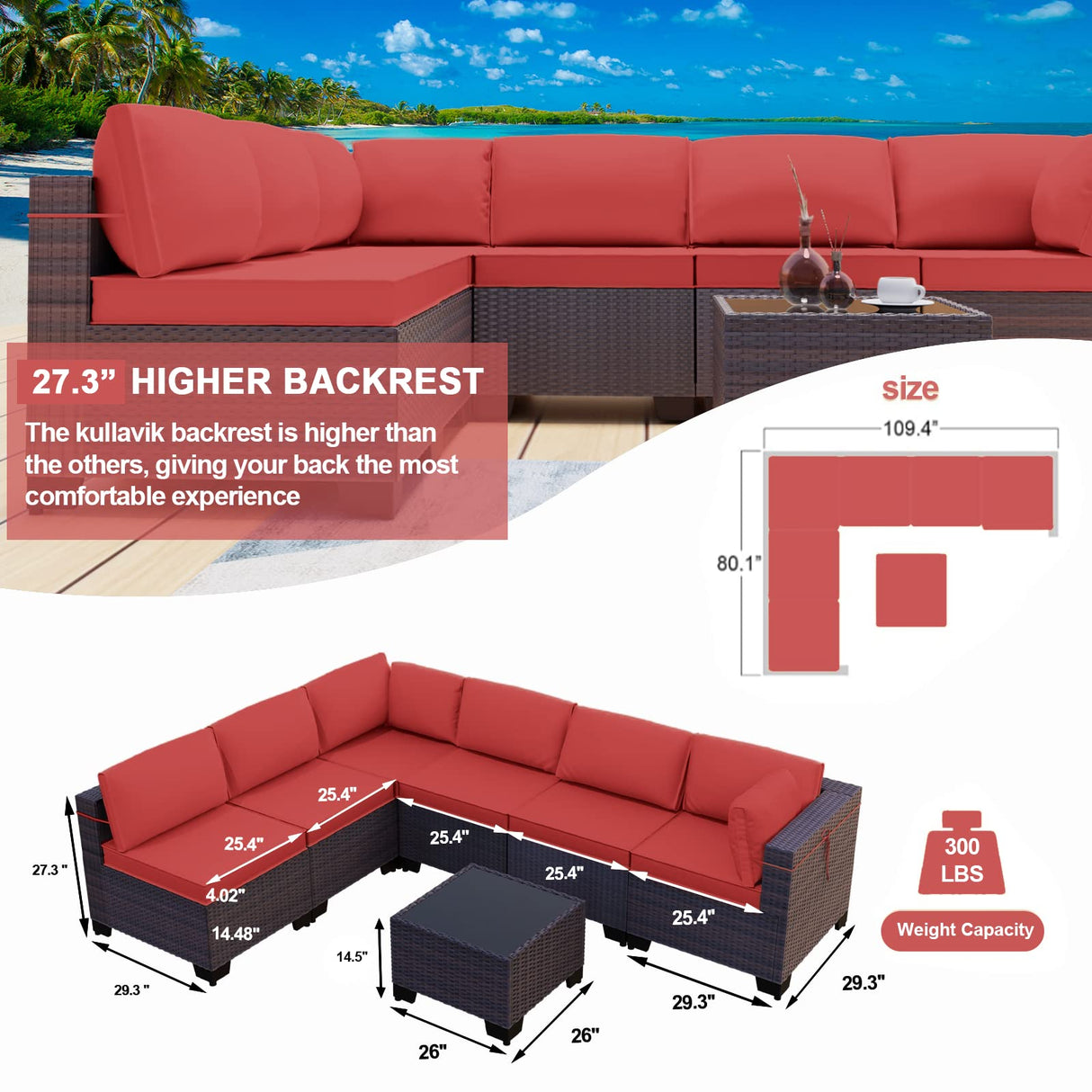 Kullavik 7 Pieces Outdoor Patio Furniture Set,Sectional Rattan Sofa Set Brown PE Rattan Wicker Patio Conversation Set with Tempered Glass Coffee Table and Washable Cushions Covers,Red Kullavik