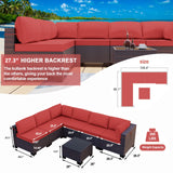 Kullavik 7 Pieces Outdoor Patio Furniture Set,Sectional Rattan Sofa Set Brown PE Rattan Wicker Patio Conversation Set with Tempered Glass Coffee Table and Washable Cushions Covers,Red Kullavik