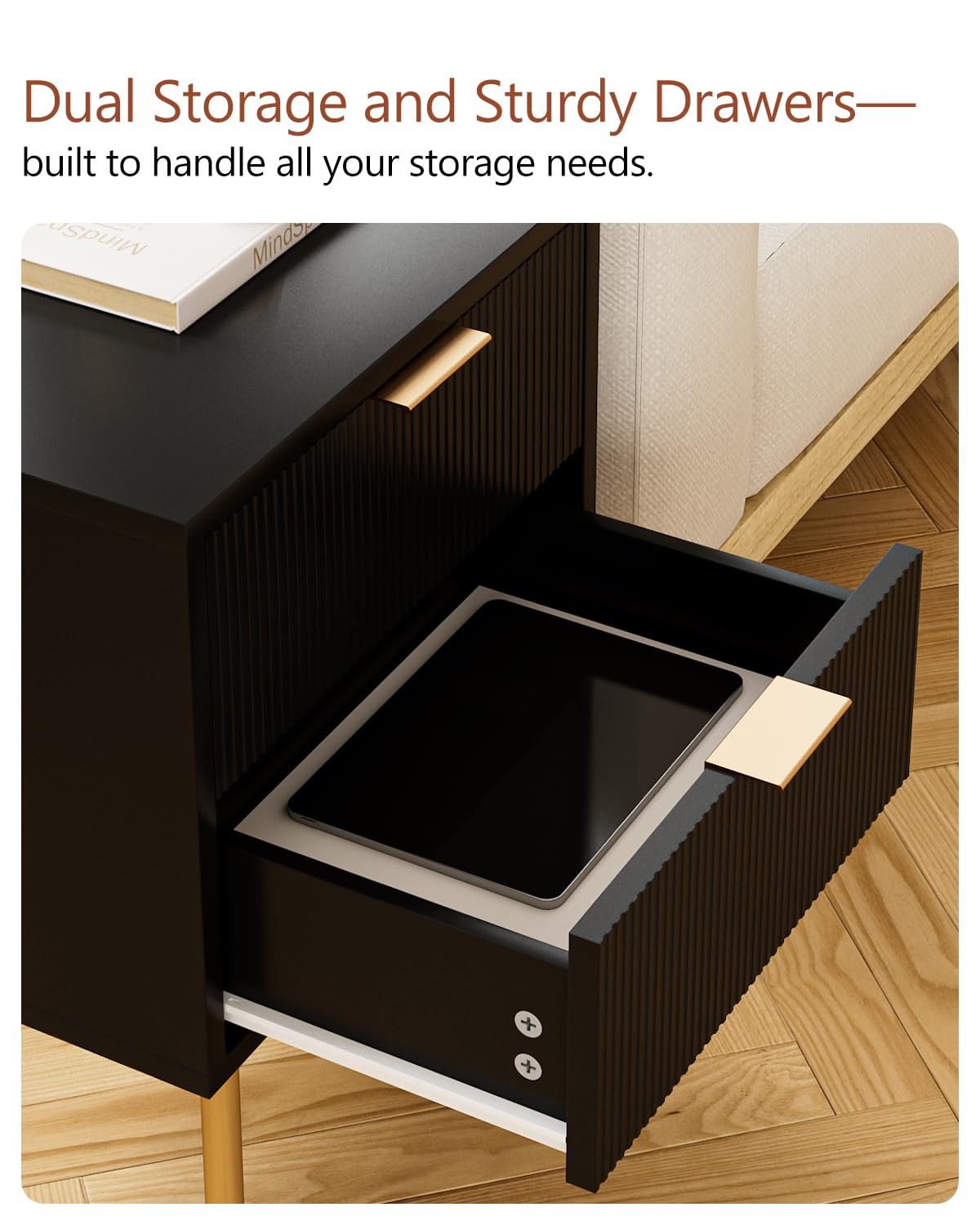 Masupu Nightstand,Mid-Century Modern Bedside Table with 2 Storage Drawer,Small Gold Frame Side End Table for Bedroom,Living Room, Black Masupu