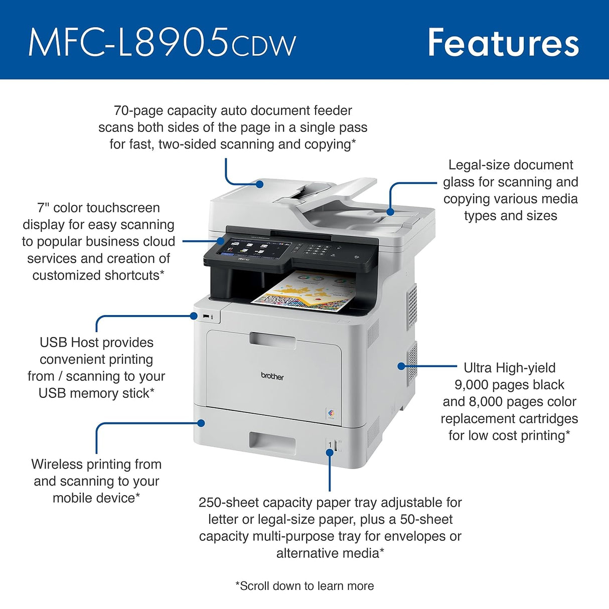 Brother MFC‐L8905CDW Business Color Laser All‐in‐One Printer, 7” Touchscreen Display, Duplex Print/Scan, Wireless, White Brother