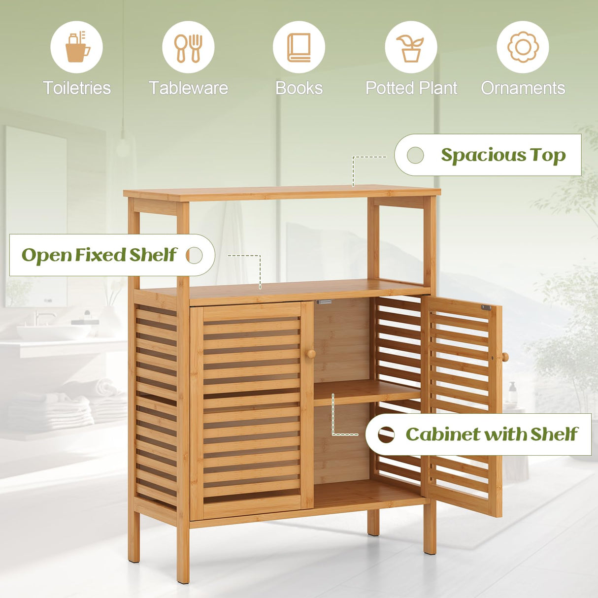 Tangkula Bamboo Floor Cabinet, Bathroom Storage Cabinet with Double Slatted Doors, Open Shelf, Removable Shelf, Storage Organizer for Bathroom Doorway Living Room Kitchen Tangkula