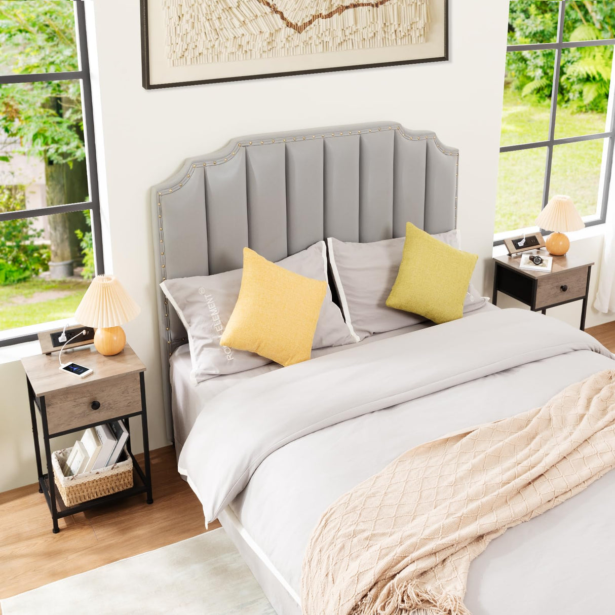 AMHANCIBLE Night Stand, End Tables Living Room Set of 2, Small Nightstand with Charging Station, Slim Bed Side Table with Fabric Storage Drawer for Bedroom, Small Space, Greige, HET03SDPGY AMHANCIBLE