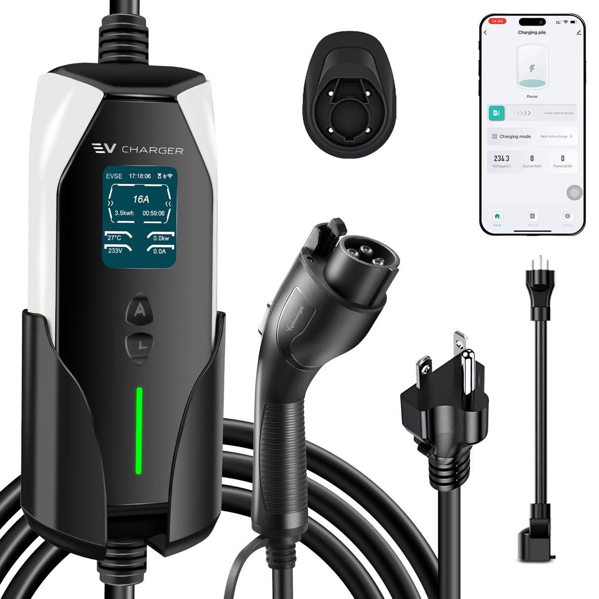 GUWIEYG Portable Level 1&2 EV Charger, 16A 100-240V 25FT J1772 Charger, Portable Electric Vehicle Charging with NEMA 6-20 Plug and NEMA 5-15 Adapter, Adjustable Current, Delay Timer, App Control GUWIEYG