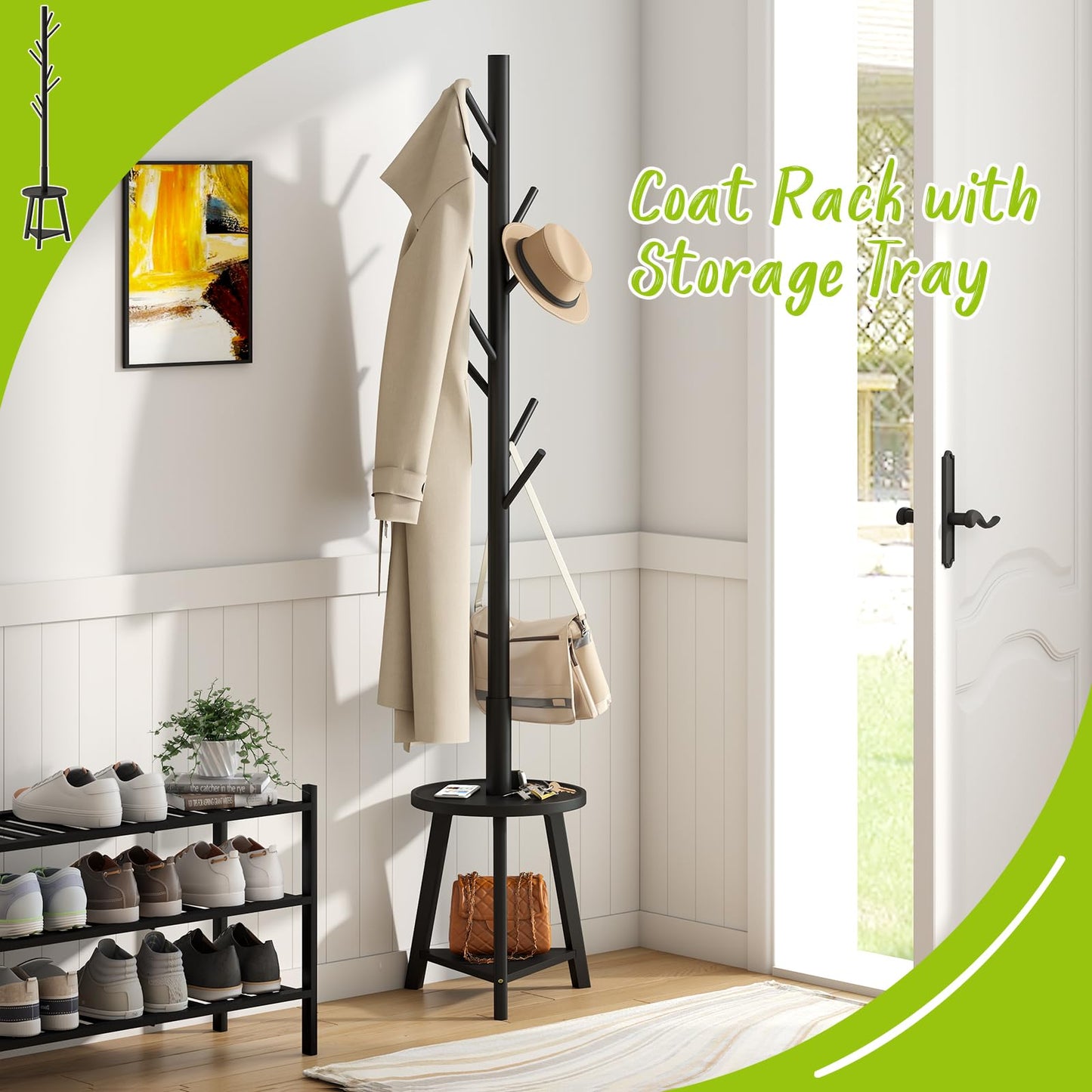 BMOSU Coat Rack freestanding Stand with Shelf Bamboo Wooden Coat Tree Easy Assembly 8 Hooks Standing Jackets Hanger Hallway Office Floor Coat Stand Black