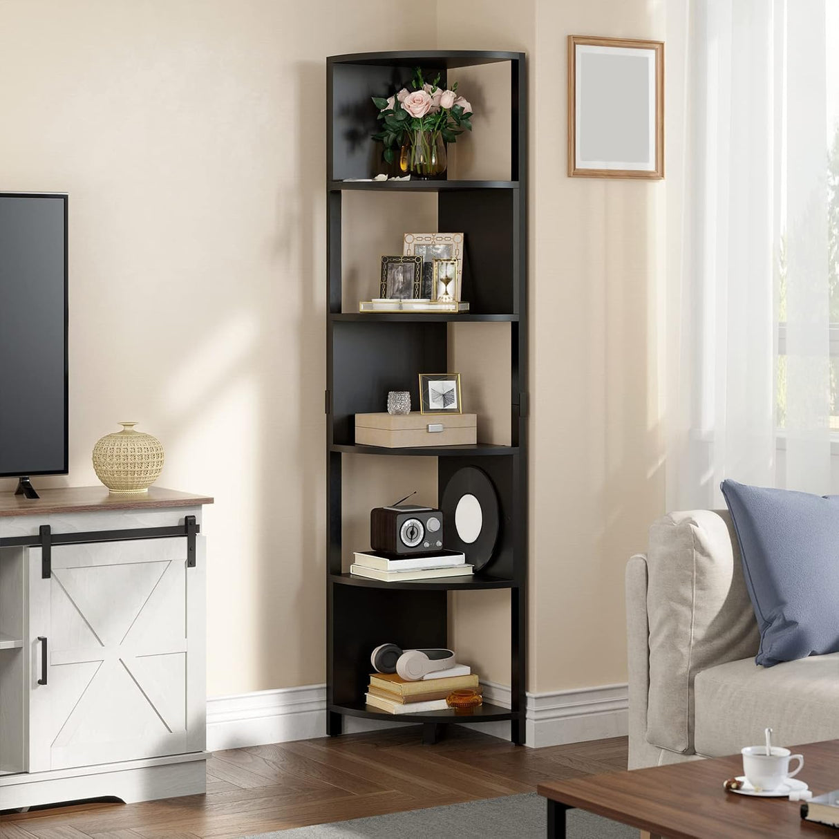 YITAHOME 6-Tier Corner Shelf, 68.8" Tall Modern Free Standing Zigzag Corner Bookshelf, 6 Shelf Display Corner Bookcase Open Small Book Shelves for Living Room, Home Office, Small Space, Black YITAHOME