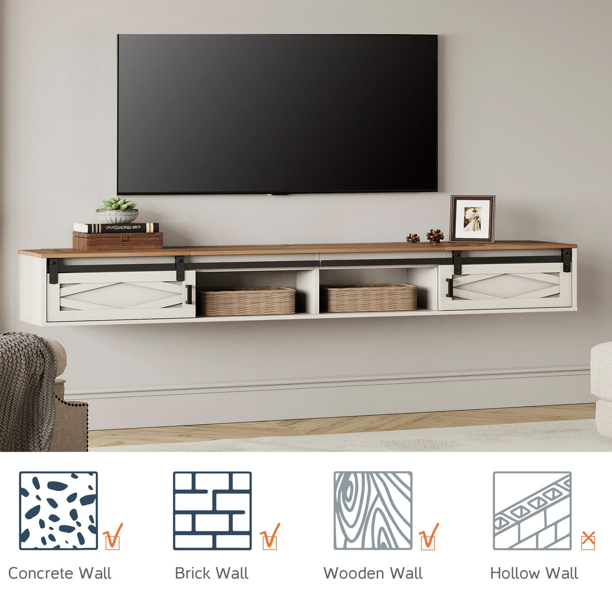 WAMPAT Floating TV Stand for TVs up to 80 Inch, Wood Floating Entertainment Center with Sliding Barn Door, Floating TV Shelf for Living Room, Bedroom, Antique White WAMPAT