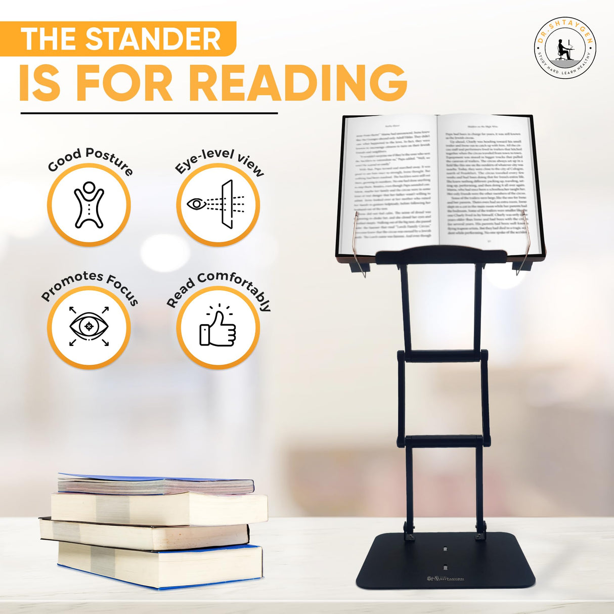 Dr. Shtaygen Reading Stand Book Holder for Desk, Counter, Table - Ergonomic Adjustable Height to 17.8", Lightweight Aluminum & Oak, Strong & Stable, Spacious 13" x 8.7" Platform for Tablet, Laptop Dr. Shtaygen