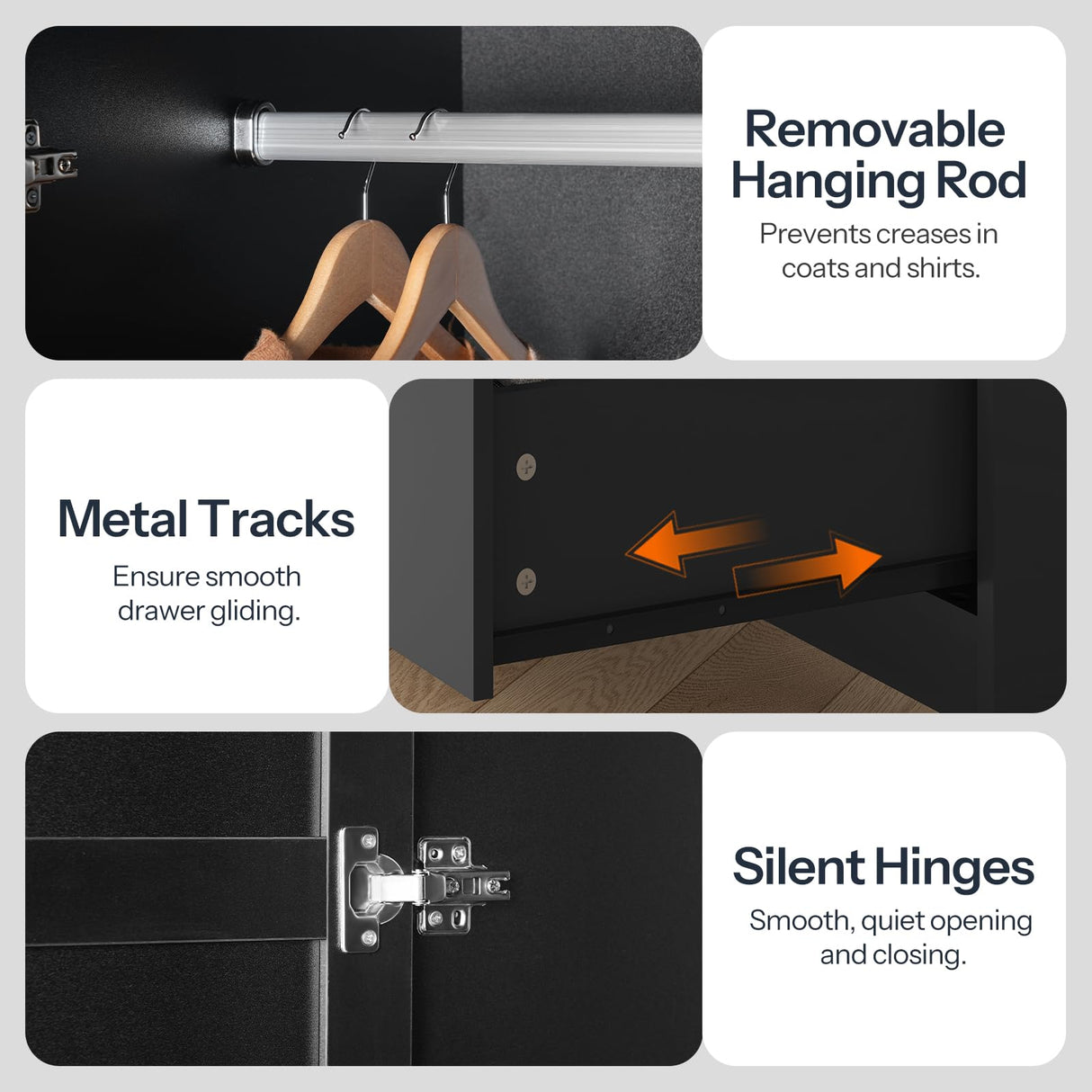 HOOBRO Armoire Wardrobe Closet, Wardrobe Closet with Doors and 2 Drawers, Bedroom Armoire with Hanging Rod, Tall Armoire for Bedroom, Wooden Clothing Storage Cabinet, Black HOOBRO