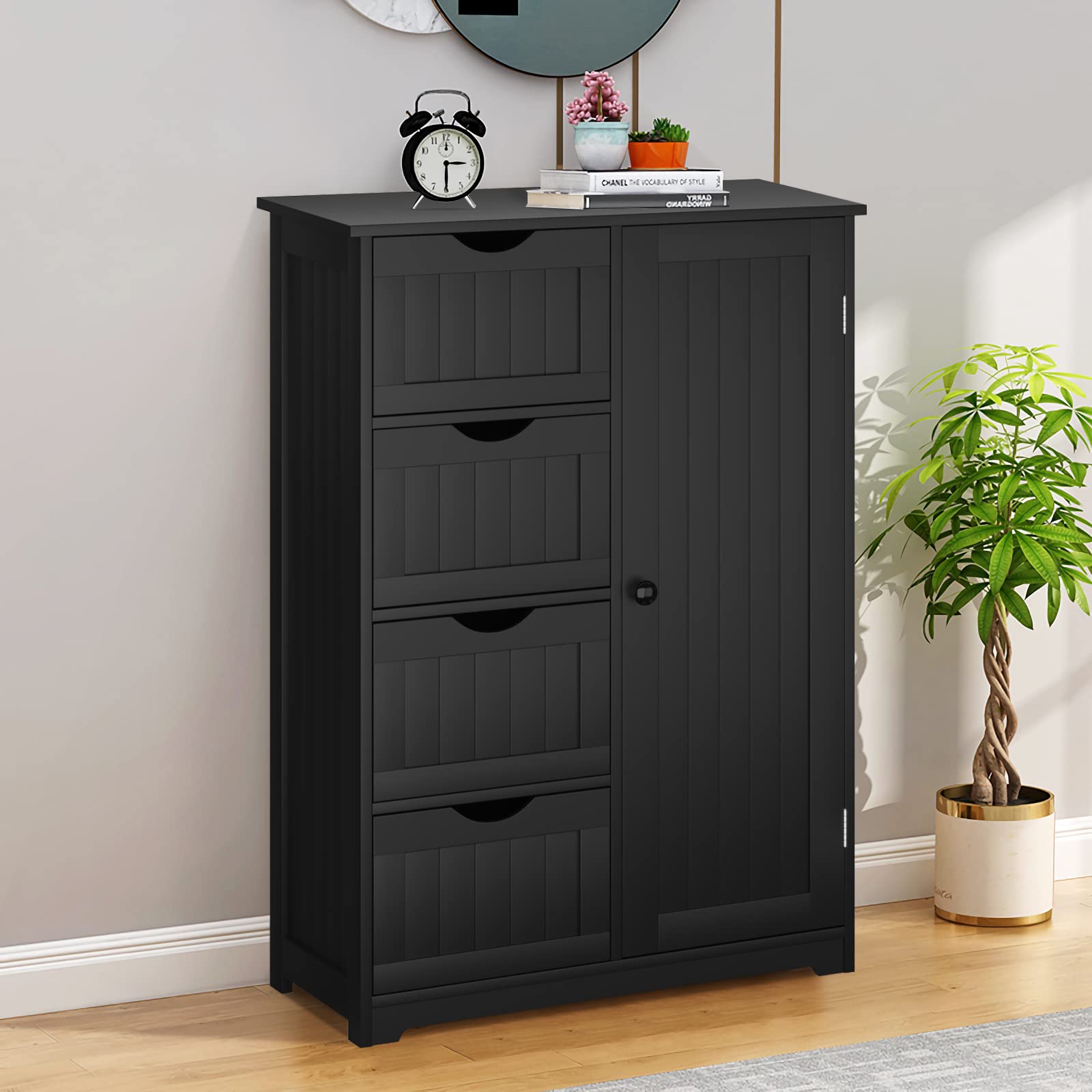 Tangkula Bathroom Floor Cabinet, Freestanding Storage Cabinet with 4 Drawers & Single Door, Adjustable Shelf, Multipurpose Bathroom Storage for Home Office, 22 x 12 x 32 Inches (Black) - WoodArtSupply