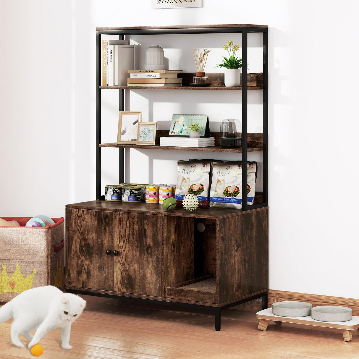 Tangkula Litter Box Enclosure with Shelves, Hidden Cat Washroom Cabinet with Storage, Winding Entry & Scratching Board, Versatile Litter Box Furniture (Rustic Brown) Tangkula