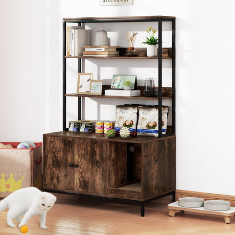 Tangkula Litter Box Enclosure with Shelves, Hidden Cat Washroom Cabinet with Storage, Winding Entry & Scratching Board, Versatile Litter Box Furniture (Rustic Brown) Tangkula