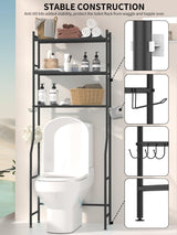GloTika 3-Tier Over The Toilet Storage, Space Saver Metal Bathroom Shelves, Freestanding Above Over Toilet Storage Shelf with 4 Hooks for Bathroom, Black GloTika