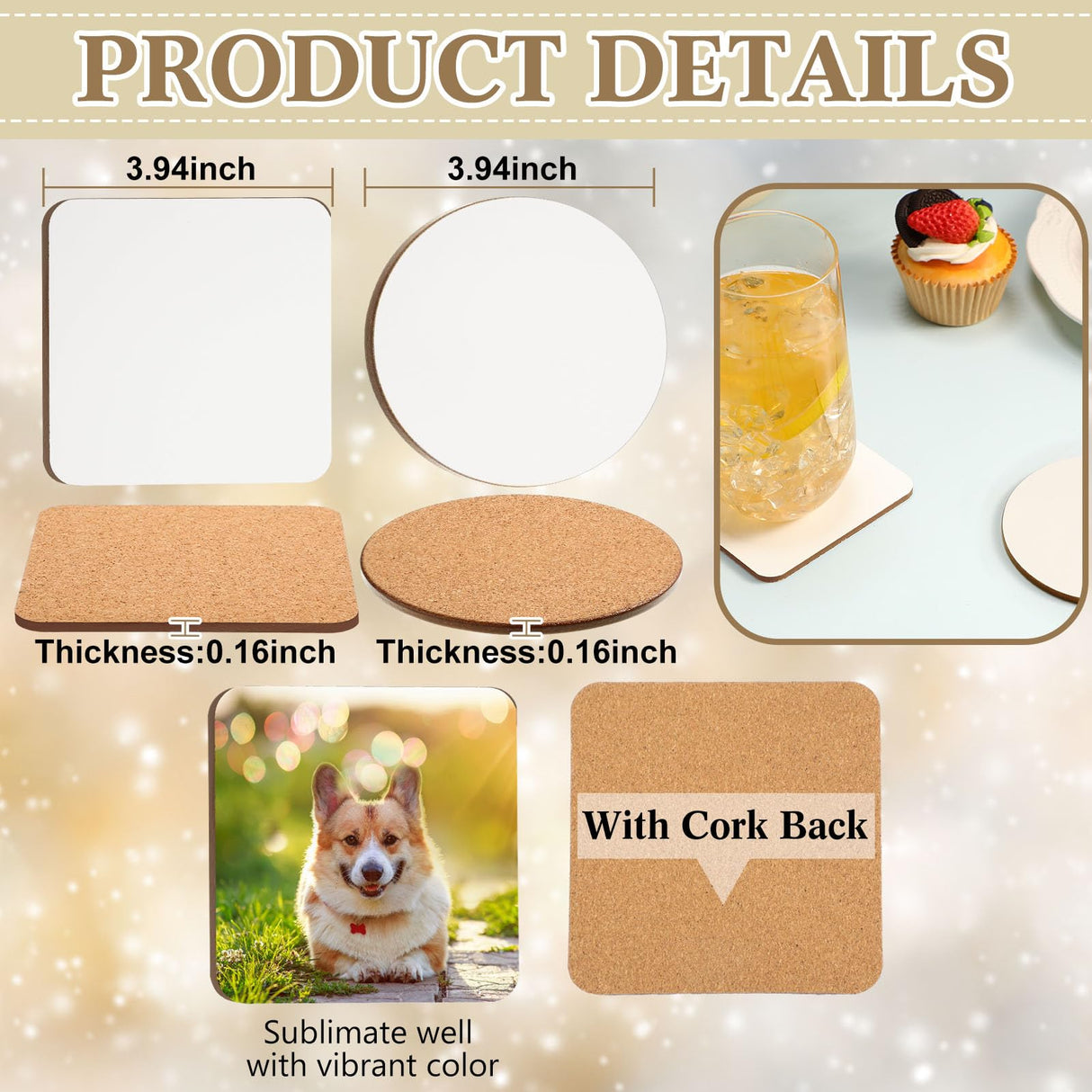 Ziliny 24 Pcs Sublimation Coasters 4 x 4 Inch Hardboard Coaster Cork and MDF Blank Coasters Sublimation Car Coasters Heat Press Parts Accessories for Kitchen Drink Ornaments (Round,Square) Ziliny