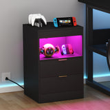 Yusong Night Stand with Gun Drawer & Invisible Lock, Bedside Table, LED Nightstand with Charging Station, Modern Night Stand, Wood Sofa Couch End Side Table with 2 Pull-Out Shelf, Black Yusong