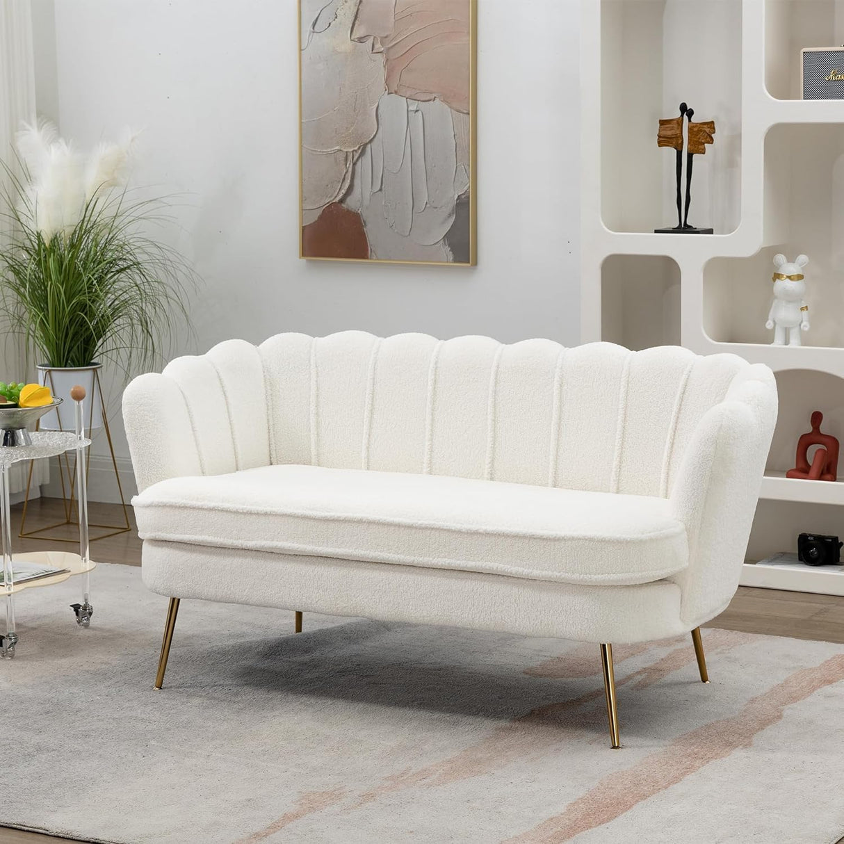 Anwick 59" Small Modern Chenille Loveseat Sofa, 2-Seater Sofa with Gold Metal Legs, Small Couch with Flower Shaped Back for Living Room Bedroom Office (Ivory) Anwick