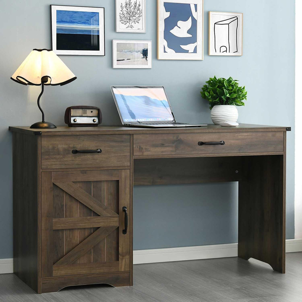 MaverickFurni 48 Inch Farmhouse Desk with 2 Drawers, Small Executive Desk with File Cabinet & barn Door for Small Spaces, Wooden Computer Desk with Storage for Bedroom, Work & Study, Oak MaverickFurni