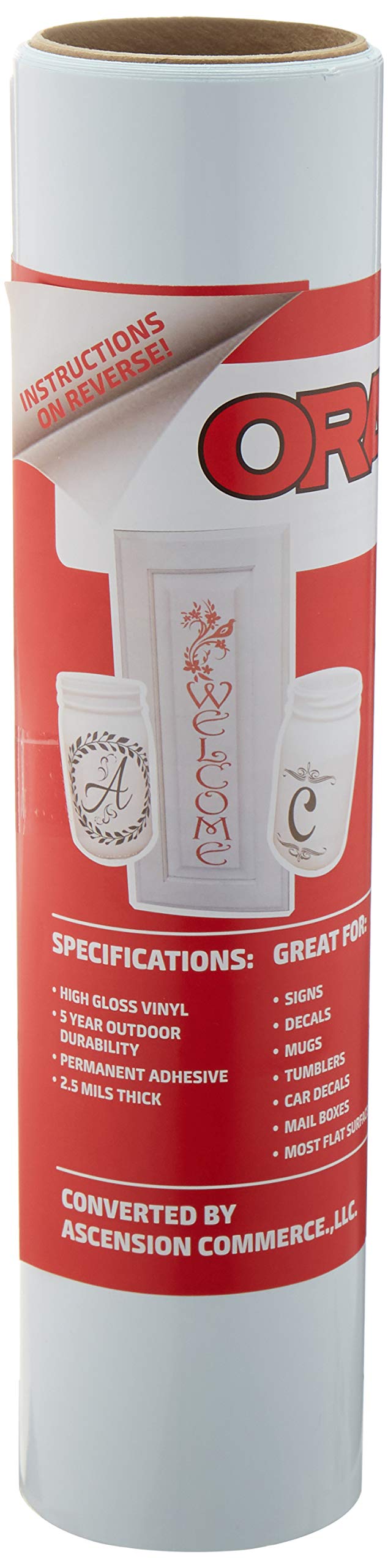 12.125" x 10ft Roll of Oracal 651 White Craft Vinyl - On a 2.5" Core - Adhesive Vinyl for Cricut, Silhouette, and Cameo Cutters - Gloss Finish - Outdoor and Permanent ORACAL