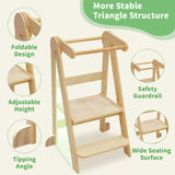 Foldable Toddler Tower 95% Preassembled Kitchen Stool Helper Folding Step Stool for Kids Montessori Toddler Standing Tower with 3 Adjustable Height Helper Tower for Kitchen Counter Sink Natural SHWWQUE