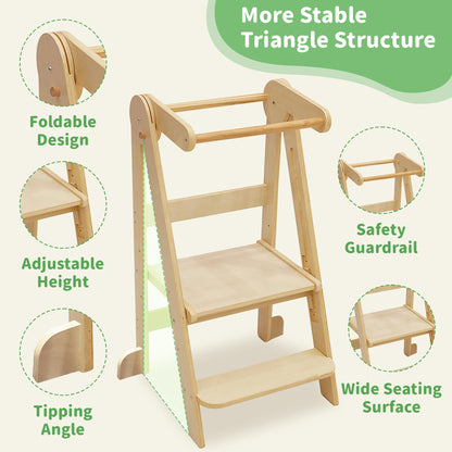 Foldable Toddler Tower 95% Preassembled Kitchen Stool Helper Folding Step Stool for Kids Montessori Toddler Standing Tower with 3 Adjustable Height Helper Tower for Kitchen Counter Sink Natural